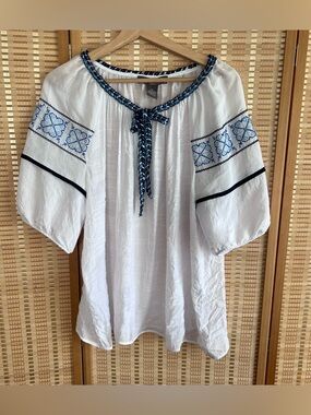 Boho Embroidered White Peasant Top with Navy Trim XL